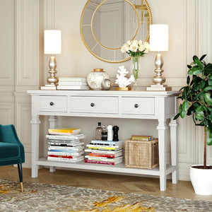 English Elm Trexm Neoclassical Pine Console Table Three Drawers Open Shelf Entryway Storage Antique White WF199599AAK