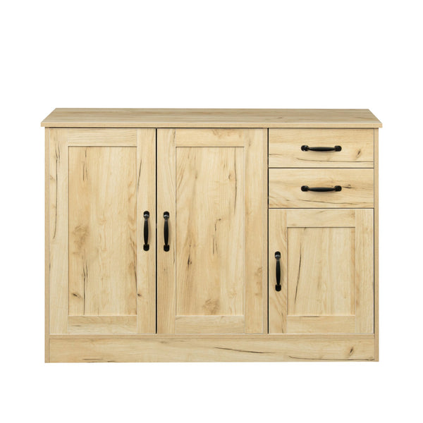 English Elm Modern Wood Buffet Sideboard with 3 Doors, 2 Drawers & Movable Shelves – Oak Console for Dining Entryway W33137242