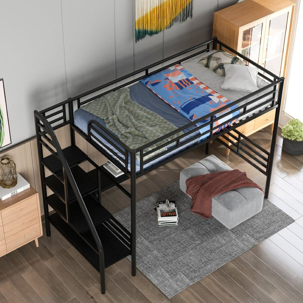 English Elm Metal Twin Loft Bed with Integrated Desk Powder Coated Steel Frame for Compact Rooms SM000604AAB-1
