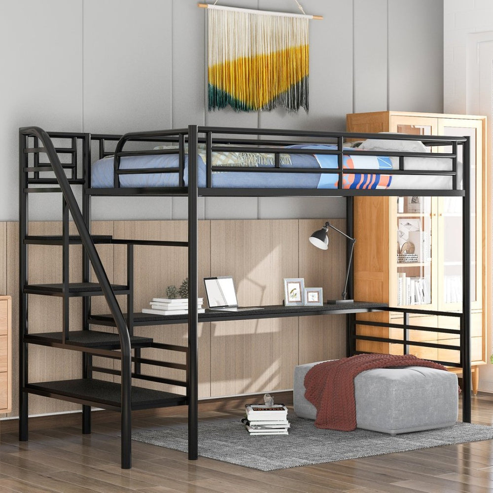 English Elm Metal Twin Loft Bed with Integrated Desk Powder Coated Steel Frame for Compact Rooms SM000604AAB-1