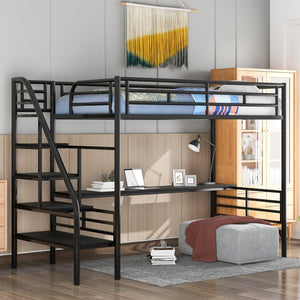 English Elm Metal Twin Loft Bed with Integrated Desk Powder Coated Steel Frame for Compact Rooms SM000604AAB-1
