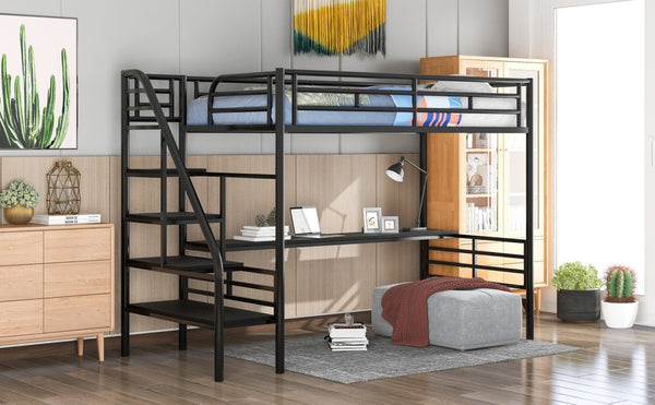 English Elm Metal Twin Loft Bed with Integrated Desk Powder Coated Steel Frame for Compact Rooms SM000604AAB-1