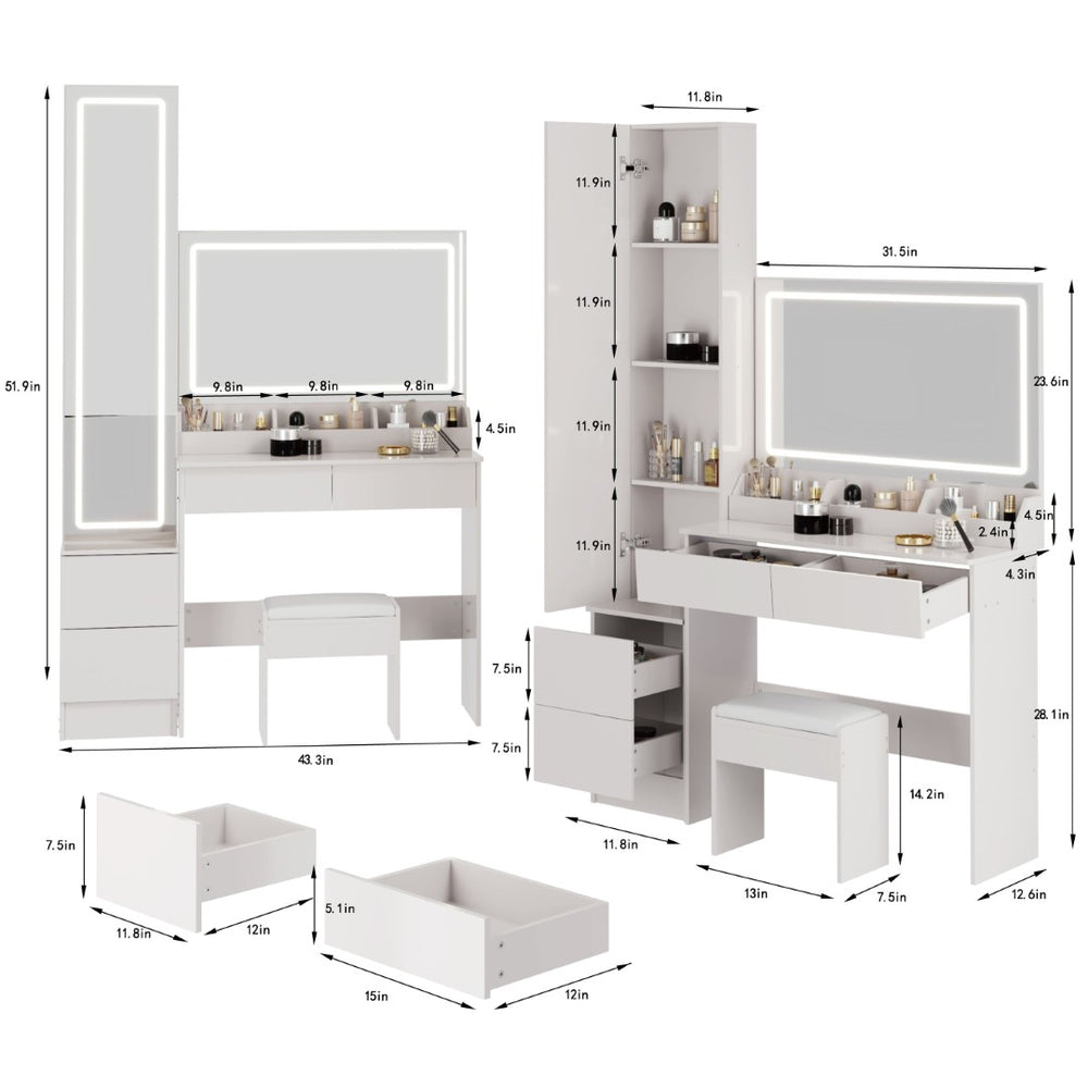 English Elm Full Bedroom Vanity Set with Led Round Mirror Touch Lighting Stool and Cabinet Storage White W3258S00007