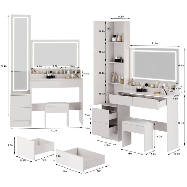 English Elm Full Bedroom Vanity Set with Led Round Mirror Touch Lighting Stool and Cabinet Storage White W3258S00007