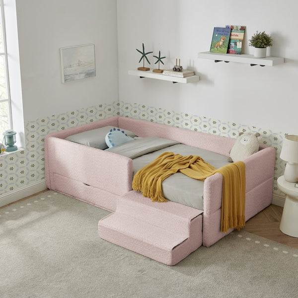 English Elm Twin Boucle Upholstered Kids Bed with Guardrails Built in Storage and Cushioned Step Stool Pink W1413P433365