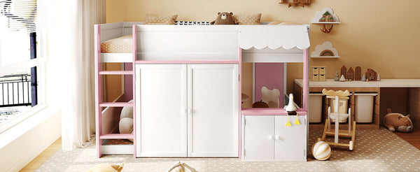 English Elm Twin House Loft Bed with Pull Out Rolling Desk Stair Drawers and Cabinet Storage N820S00074H