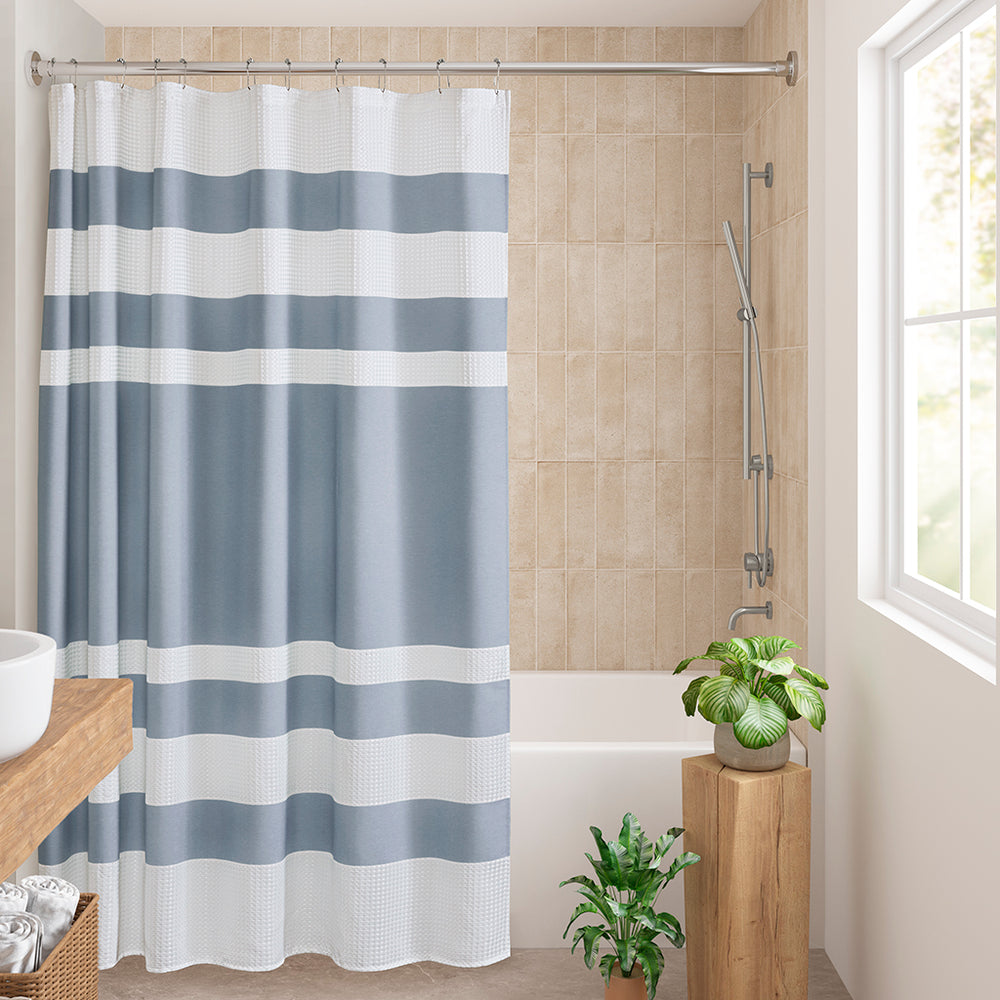 JLA Home Madison Park - Shower textured waffle curtain with modern stripe and 3M Scotchgard water-repellent finish for spa feel Blue MP70-8551