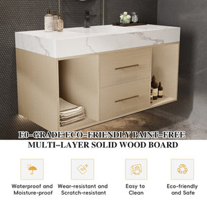 English Elm 39.4 Inch Floating Bathroom Vanity Sintered Stone Top Solid Wood 2 Soft Close Drawers W3136S00030