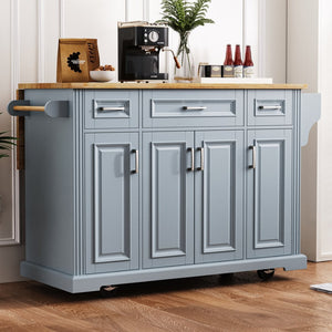English Elm K&k Farmhouse Rolling Kitchen Island Rubberwood Drop Leaf 3 Drawers 4 Cabinet Doors Grey+Blue N707S195395G