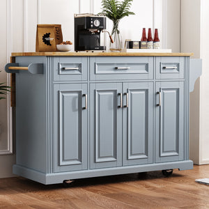 English Elm K&K 54Inch Large Kitchen Island With Rubber Wood Drop Leaf, Embossed Texture Rolling Kitchen Cart On 4 Wheels With 4 Doors and 3 Drawers, Kitchen Island With Storage For Kitchen, Dining Room,Grey Blue