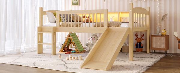 English Elm Twin Low Loft Bed Solid Pine Frame with Built-in Led Lighting and Storage Shelves Natural W1580P395930