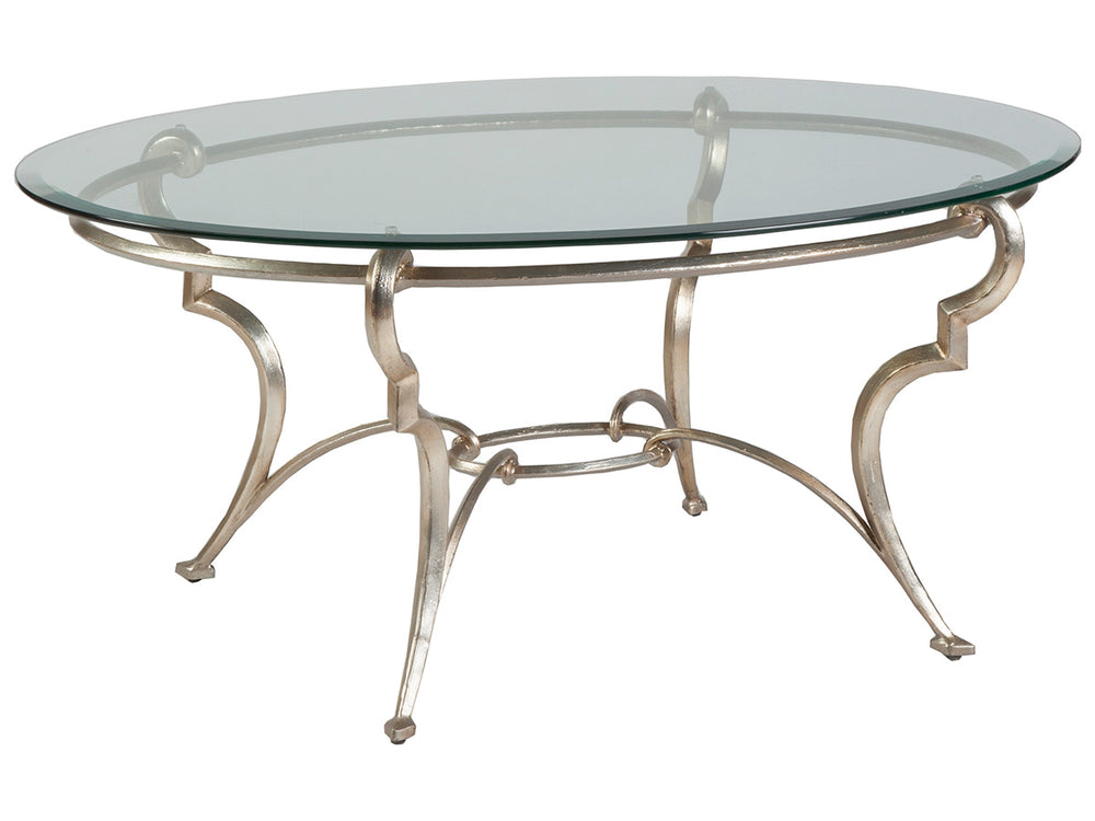 Lexington Artistica Home Colette Oval Cocktail Table - Hand-forged Italian Design With Beveled Tempered Glass Top Elegance Champagne Wood 2022-949c