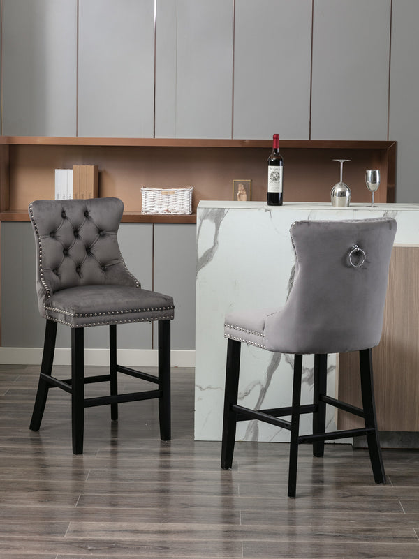 English Elm Contemporary Velvet Upholstered Barstool with Button Tufting, High-Density Foam Cushion, Solid Wood Gray W1143P177251