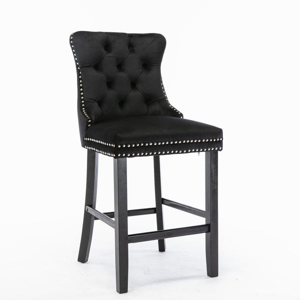 English Elm Contemporary Velvet Upholstered Barstool with Button Tufting, Chrome Nailhead Trim, Solid Wood Frame, High-Density Foam Comfort Black W1143P177253