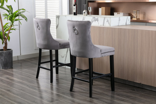 English Elm Contemporary Velvet Upholstered Barstool with Button Tufting, Solid Wood Frame, High-Rebound Foam Cushion and Chrome Nailhead Trim for Durable Comfort and Style Gray W1143P177251