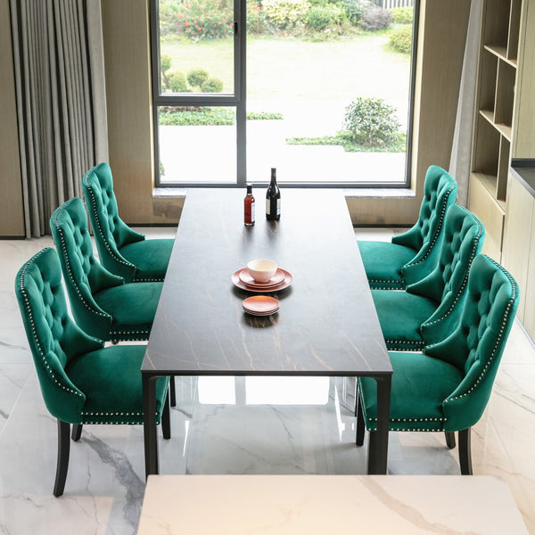 English Elm Nikki Velvet Wingback Dining Chair Set Tufted Brass Nailhead Solid Wood Legs Green W114381111