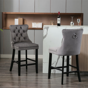 English Elm Contemporary Velvet Upholstered Barstool with Button Tufting, Solid Wood Frame, High-Rebound Foam Cushion and Chrome Nailhead Trim for Durable Comfort and Style Gray W1143P177251