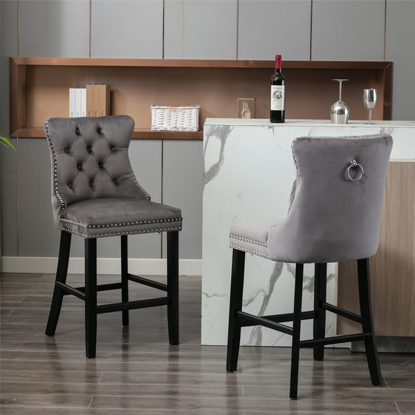 English Elm Contemporary Velvet Upholstered Barstool with Button Tufting, Solid Wood Frame, High-Rebound Foam Cushion and Chrome Nailhead Trim for Durable Comfort and Style Gray W1143P177251