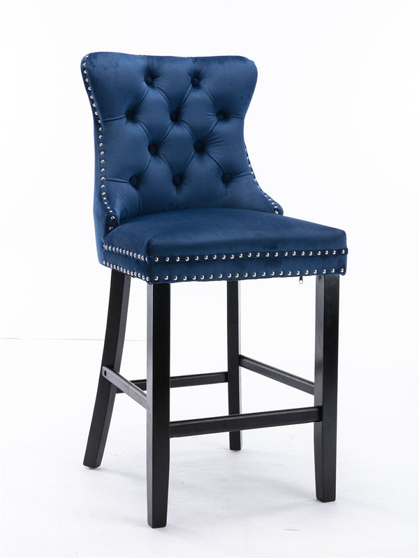 English Elm Contemporary Velvet Upholstered Barstool with Button Tufting, Solid Wood Frame, High-Rebound Foam Cushion and Chrome Nailhead Trim for Durable Comfort and Style Blue W1143P177249
