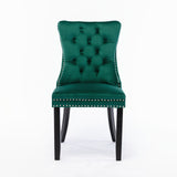 Set of 2 Green Velvet Dining Chairs with Wood Legs and Nailhead Trim - Modern Mid-Century Style, High Back Support