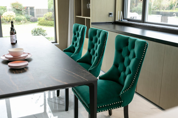 English Elm Nikki Velvet Wingback Dining Chair Set Tufted Brass Nailhead Solid Wood Legs Green W114381111