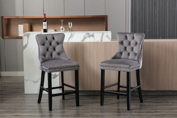 English Elm Contemporary Velvet Upholstered Barstool with Button Tufting, Solid Wood Frame, High-Rebound Foam Cushion and Chrome Nailhead Trim for Durable Comfort and Style Gray W1143P177251