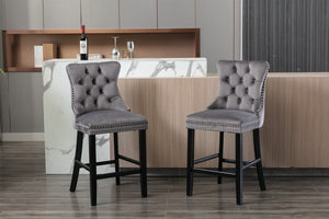 English Elm Contemporary Velvet Upholstered Barstool with Button Tufting, High-Density Foam Cushion, Solid Wood Gray W1143P177251