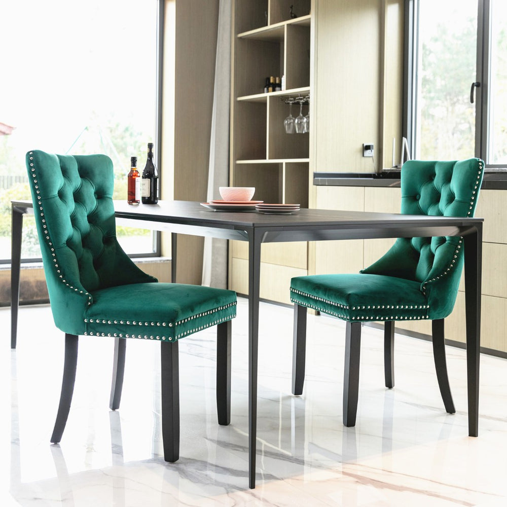 English Elm Nikki Velvet Wingback Dining Chair Set Tufted Brass Nailhead Solid Wood Legs Green W114381111