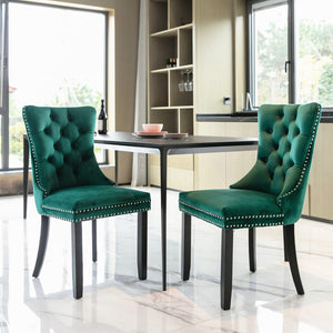 English Elm Nikki Velvet Wingback Dining Chair Set Tufted Brass Nailhead Solid Wood Legs Green W114381111