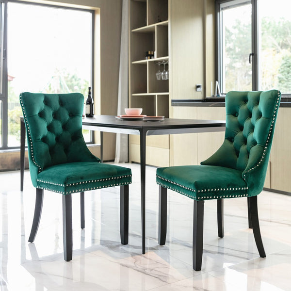 English Elm Nikki Velvet Wingback Dining Chair Set Tufted Brass Nailhead Solid Wood Legs Green W114381111