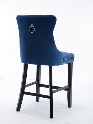 English Elm Contemporary Velvet Upholstered Barstool with Button Tufting, High-Density Foam Cushion, Solid Wood Blue W1143P177249