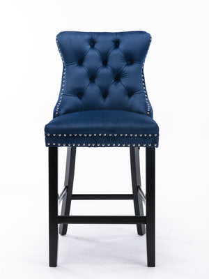English Elm Contemporary Velvet Upholstered Barstool with Button Tufting, Solid Wood Frame, High-Rebound Foam Cushion and Chrome Nailhead Trim for Durable Comfort and Style Blue W1143P177249