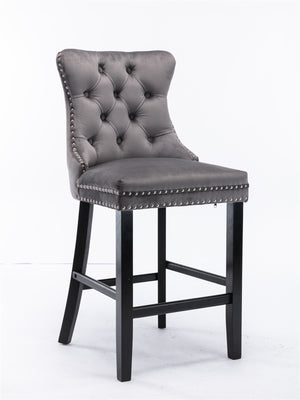 English Elm Contemporary Velvet Upholstered Barstool with Button Tufting, Solid Wood Frame, High-Rebound Foam Cushion and Chrome Nailhead Trim for Durable Comfort and Style Gray W1143P177251