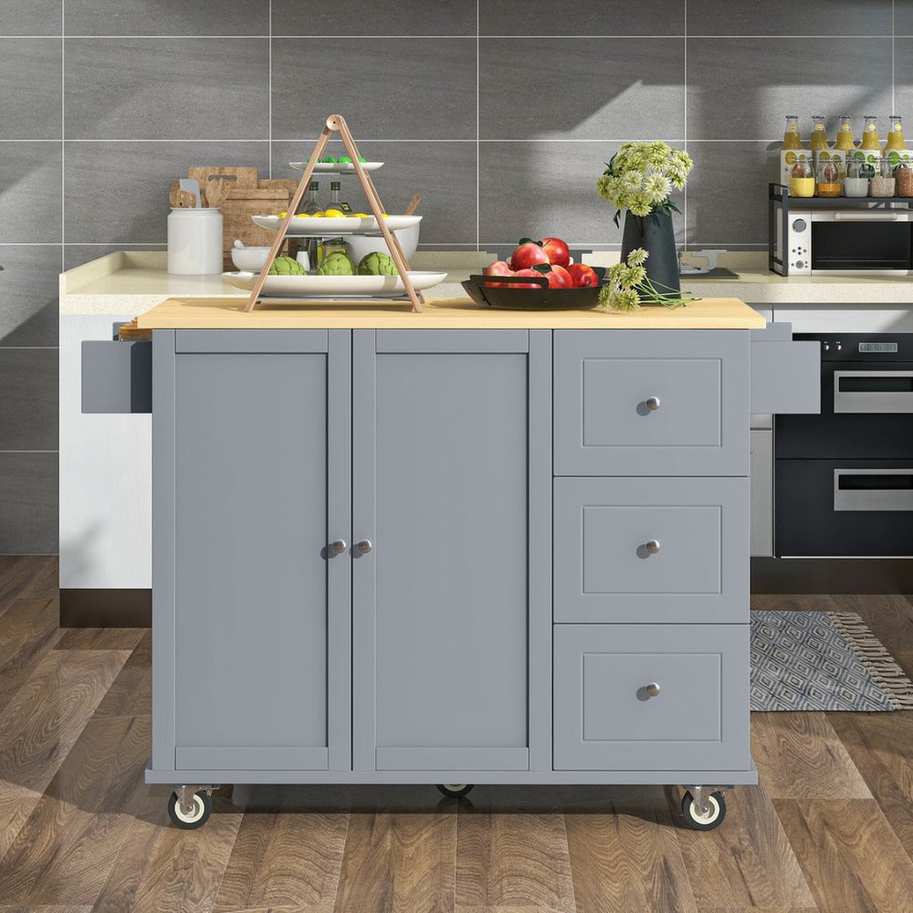 English Elm Rolling Kitchen Island Solid Wood Top Drop Leaf Cabinet Drawers Locking Casters Blue+Grey WF287035AAG