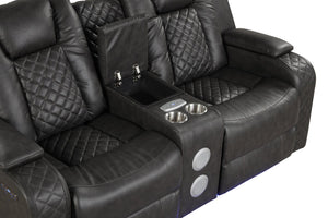 English Elm BENZ Power Reclining 2PC Sofa Set in Black Faux Leather with LED Lighting, Bluetooth & USB Ports 659436330924
