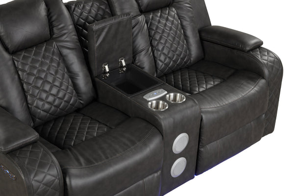 English Elm BENZ Power Reclining 2-Pc Set in Black Faux Leather with LED Lights, Bluetooth, Console & USB B009S01938