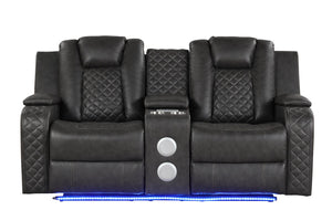 English Elm BENZ Power Reclining 3PC Set in Gray Faux Leather with LED Lights, Bluetooth, USB, Cupholders B009S01936