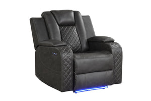 English Elm BENZ Power Reclining 3PC Set in Gray Faux Leather with LED Lights, Bluetooth, USB, Cupholders B009S01936