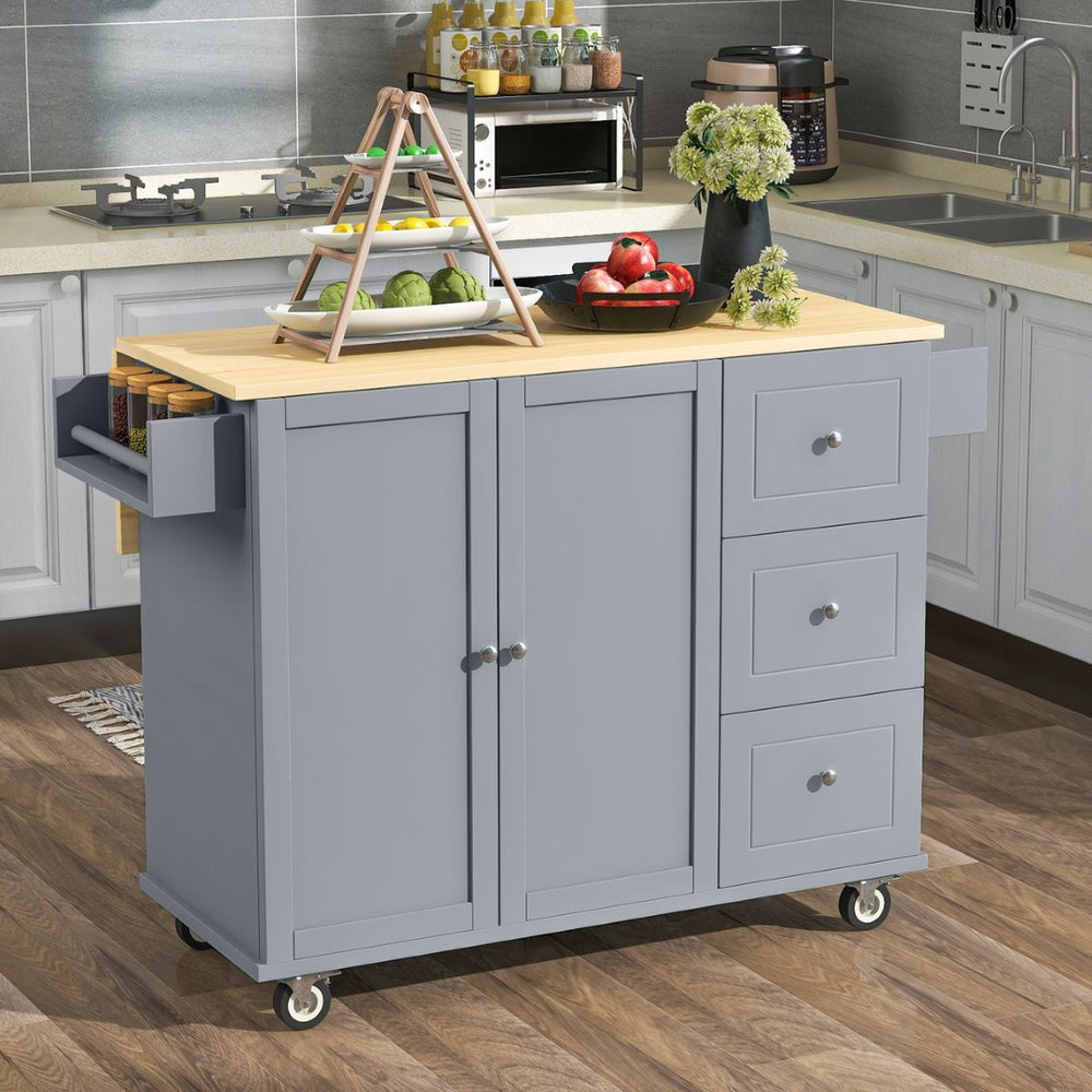 English Elm Rolling Kitchen Island Solid Wood Top Drop Leaf Cabinet Drawers Locking Casters Blue+Grey WF287035AAG
