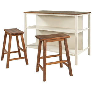 English Elm TOPMAX Solid Wood 3-Piece 45" Kitchen Island Set with 2 Ergonomic Stools, Walnut Top & Cream White Frame - Durable Rubberwood Prep Table with Open Shelves, Small Space Dining (45x27x36) SH000189AAD