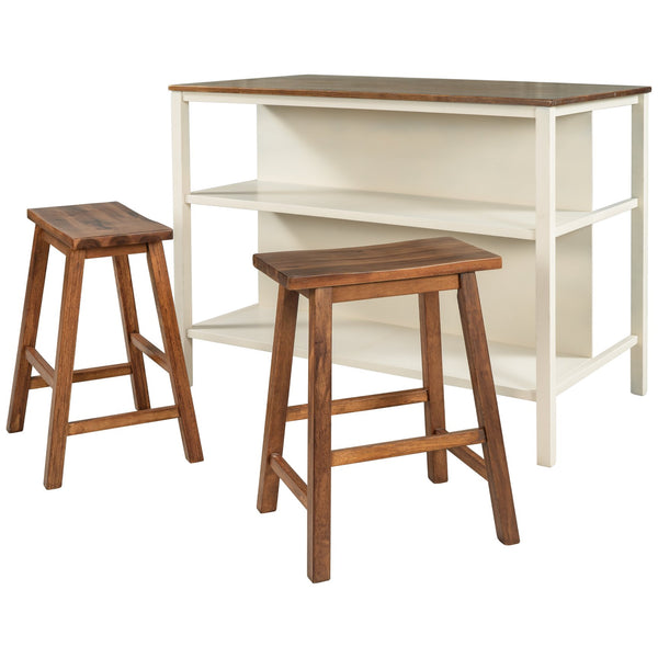 English Elm TOPMAX Solid Wood 3-Piece 45" Kitchen Island Set with 2 Ergonomic Stools, Walnut Top & Cream White Frame - Durable Rubberwood Prep Table with Open Shelves, Small Space Dining (45x27x36) SH000189AAD