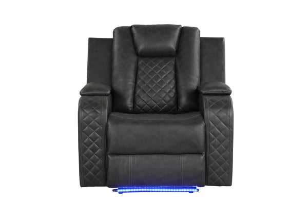 English Elm BENZ Power Reclining 3PC Set in Gray Faux Leather with LED Lights, Bluetooth, USB, Cupholders B009S01936