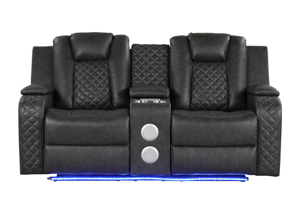 English Elm BENZ Power Reclining 2PC Sofa Set in Black Faux Leather with LED Lighting, Bluetooth & USB Ports 659436330924