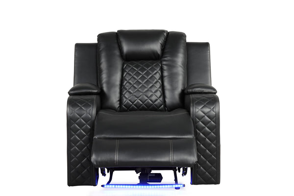 English Elm BENZ Power Reclining 3PC Set in Black Faux Leather with LED Lighting, Bluetooth, USB, Cupholders B009S01935