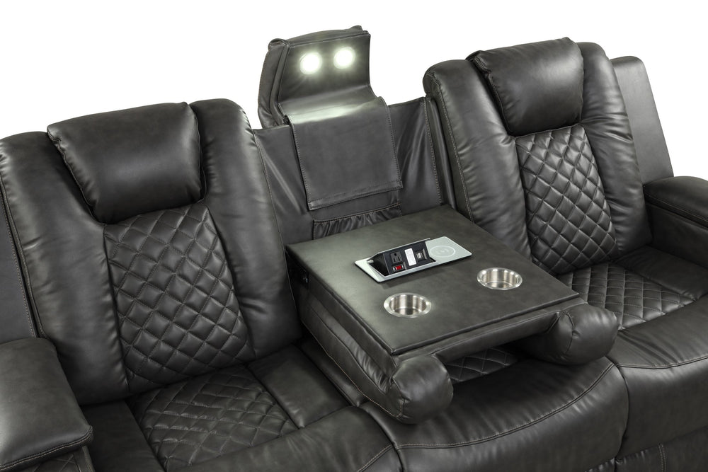 English Elm BENZ Faux Leather Power Reclining Loveseat Black with LED Base, USB, Bluetooth, Wireless Charging 659436023932