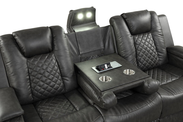English Elm BENZ Faux Leather Power Reclining Loveseat Black with LED Base, USB, Bluetooth, Wireless Charging 659436023932