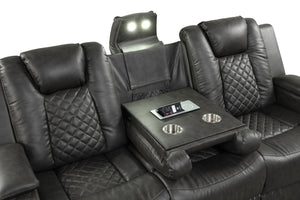 English Elm BENZ LED Power Reclining Loveseat in Black Faux Leather with USB, Wireless Charging, Bluetooth Speakers and Console G150109056