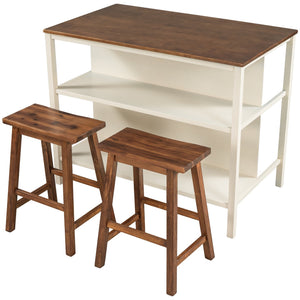 English Elm TOPMAX Solid Wood 3-Piece 45" Kitchen Island Set with 2 Ergonomic Stools, Walnut Top & Cream White Frame - Durable Rubberwood Prep Table with Open Shelves, Small Space Dining (45x27x36) SH000189AAD