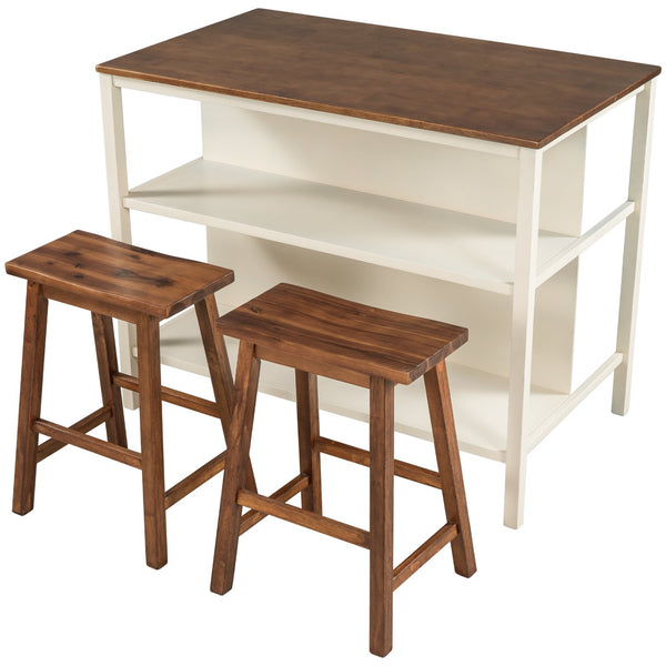 English Elm TOPMAX Solid Wood 3-Piece 45" Kitchen Island Set with 2 Ergonomic Stools, Walnut Top & Cream White Frame - Durable Rubberwood Prep Table with Open Shelves, Small Space Dining (45x27x36) SH000189AAD