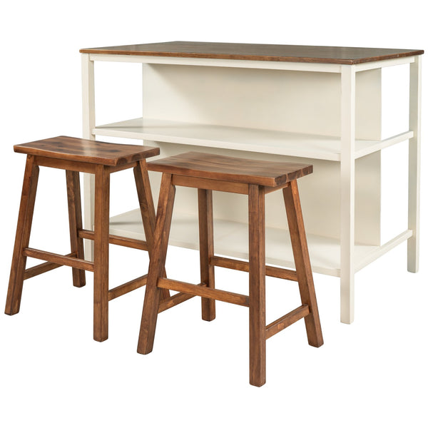 English Elm TOPMAX Solid Wood 3-Piece 45" Kitchen Island Set with 2 Ergonomic Stools, Walnut Top & Cream White Frame - Durable Rubberwood Prep Table with Open Shelves, Small Space Dining (45x27x36) SH000189AAD